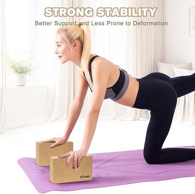 YIGUO Cork Yoga Blocks with Strap, 2 Pack Natural Yoga Block, Eco-friendly yoga blocks, High Density Non-Slip Yoga Accessories for Women, Ideal for Yoga, Pilates and Stretching, 9"x6"x3"
