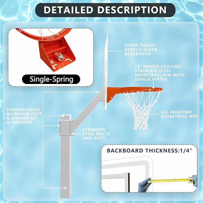 PROGOAL Aluminum Shot and Dunk Poolside Basketball Hoop - In Ground Removable Rust-Resistant Adjustable Height Pool Basketball Game System with Clear Backboard 1/2 Springs Rim and Three Balls