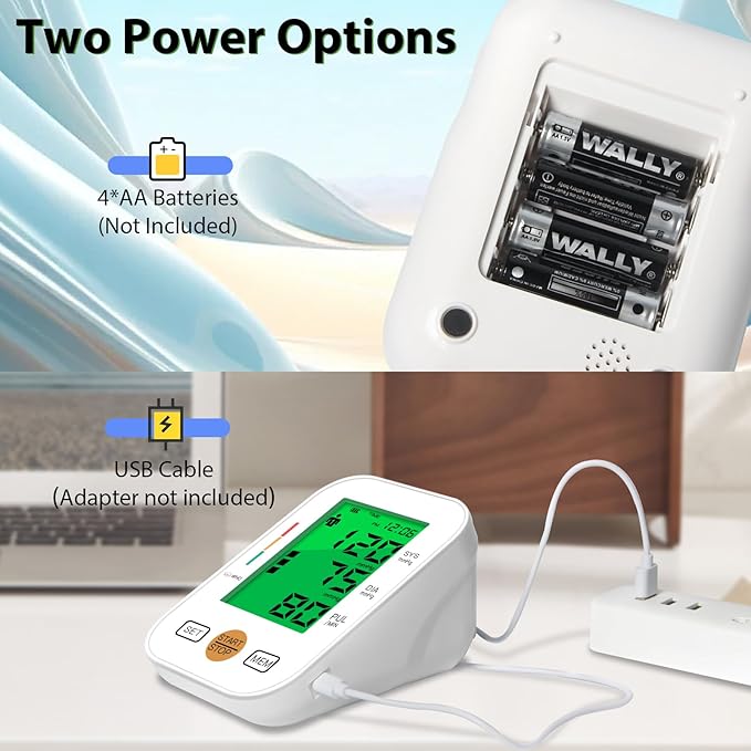 Blood Pressure Monitor Upper Arm Blood Pressure Machine for Home Use BP Cuff Kit, Large 3-Color 3.4'' Display with Backlight,Pulse Rate Detection Meter with Cuff 22-42cm/2×99 Sets Memory (White)