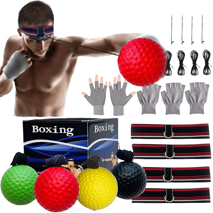 Boxing Ball Headband Set for MMA Boxing Kickboxing Training Reaction Punching Balls Kit Includes 4 PU Balls+4 Elastic Headbands+4 Spare Lines+4 Gloves for All People