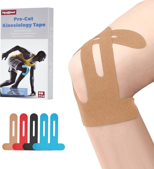 Waterproof Kinesiology Tape for Shoulders/Knees, 10 Precut Strips for Knee Pain Relief & Stability Support (Beige), Elastic Strong Adhesive Athletic Tape, Latex-Free Hypoallergenic Sports Tape
