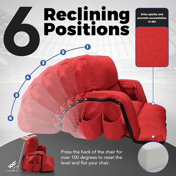 Extra Wide Stadium Seats With Back Support 2 Pack, Exclusive "Sofa Style" Design Thick Bleacher Chairs With Back and Cushion, 6 Reclining Positions - Ultimate Comfort for Sports Events (Red, 25")