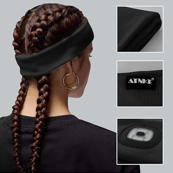 ATNKE 4 LED Lighted Sport Sweatband,USB Rechargeable Running Head Band Lamp High Stretch Wicking Gifts for Men and Women