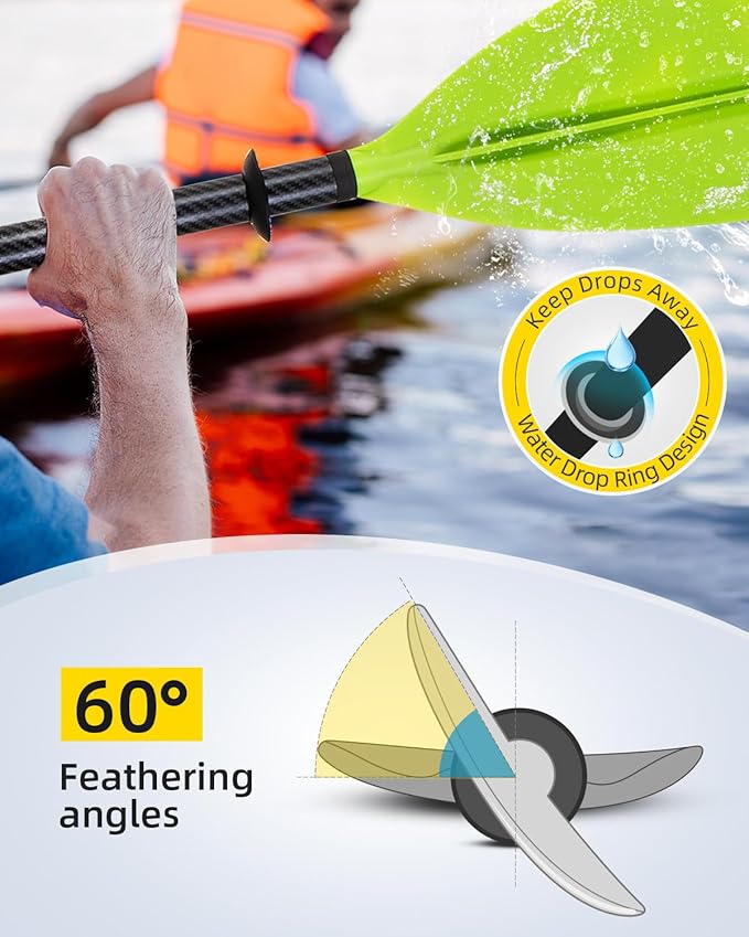 OCEANBROAD Adjustable Carbon Fiber Kayak Paddle 86in/220cm to 94in/240cm Kayaking Oar for Adults with Paddle Leash 1 Paddle