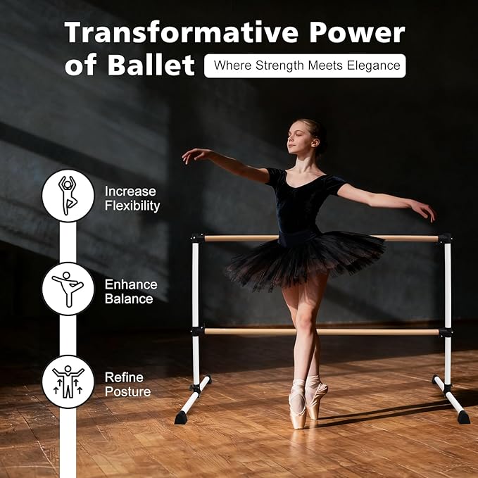 4FT/6FT Freestanding Ballet Barre Wood/Steel Height Adjustable from 7 to 46 inch Ballet Bar Portable Double Dance Bar for Home Workout and Stretch