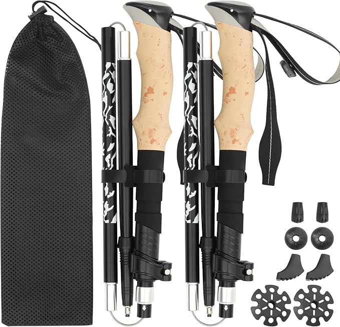 Hiking Poles Collapsible Trekking Poles, Lightweight Folding Walking Stick for Travel with EVA Handle, Walking Stick for Women Men, Adjustable Height, Set of 2