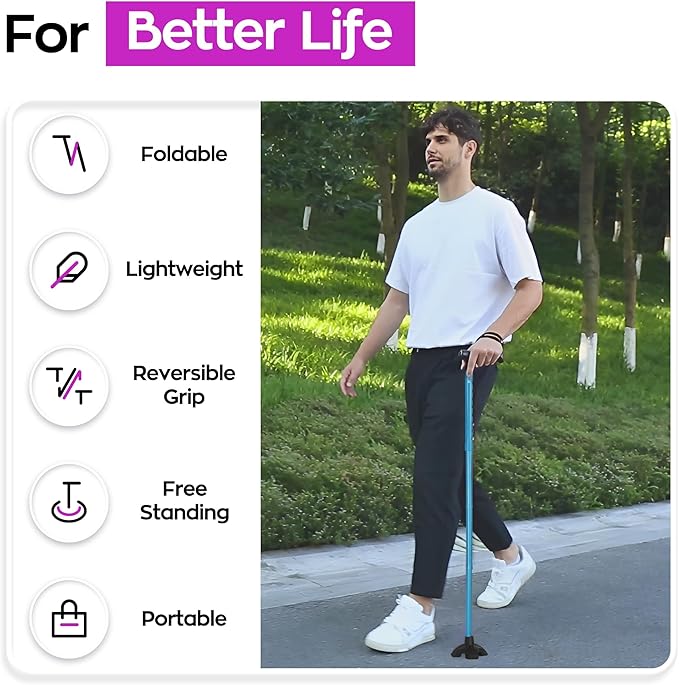 Walking Cane for Men and Women, Extended Grip; Solid Base; Foldable; Adjustable Heights; Lightweight; Free Standing; Portable Canes for Seniors Heavy Duty (Blue)