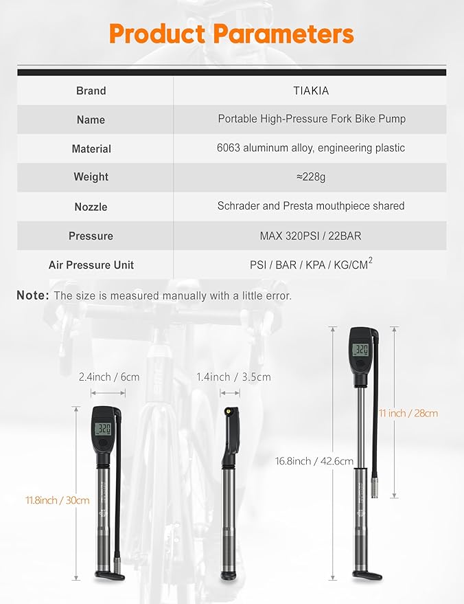 Tiakia High Pressure Shock Pump with Digital Pressure Gauge for Air Front Fork & Rear Suspension, Portable Bike Pump Aluminum Bicycle Tire Inflator Frame Pump Fit Schrader/Presta DH Bike