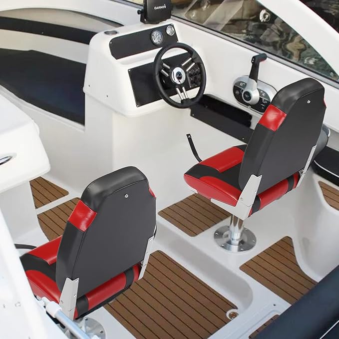 PEXMOR Boat Seats Low/High Back, Folding Boat Seat Included, Fold-Down Fishing Boat Seats Waterproof Captain Boat Seat w/Aluminum Hinges & Thick Soft Cushion, 2 Packs (High Back-Red & Black)