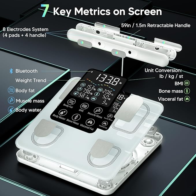 Arboleaf Scale for Body Weight, Smart Scale with BMI, Body Fat, Muscle Mass, 26 Metrics Full Body Composition Analyzer, 8-Electrode High Precision Digital Bathroom Scale, Bluetooth Sync, White
