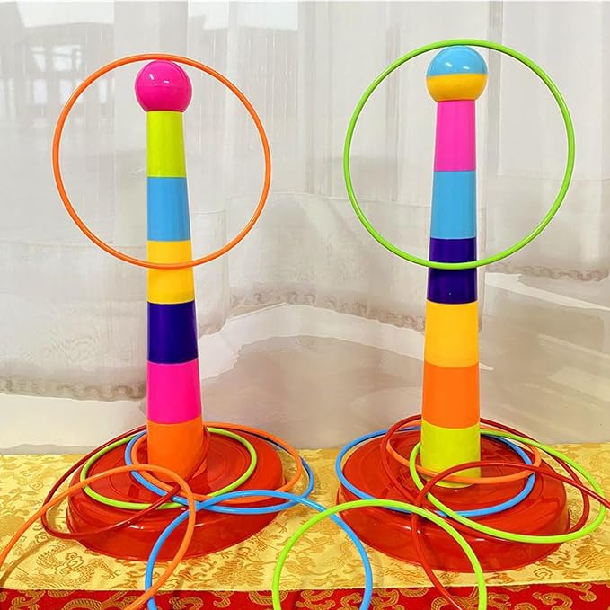Colorful Plastic Sport Ring Toss Game Set for Kids,1 Colorful Columns+24 Rings+12 Bean Bags,Outside Toys Carnival Ring Circle Game,Outdoor Kids Sports Educational Toys