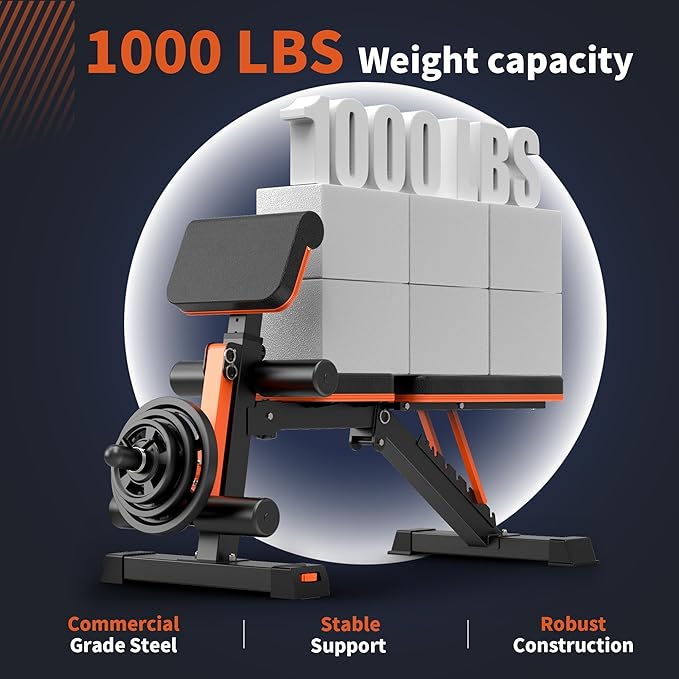 Adjustable Weight Bench - 1000LBS Capacity Heavy Duty Foldable Workout Bench for Full Body Exercise, Flat/Incline/Decline, Bench Press for Home Gym with Preacher Pad & Leg Extension