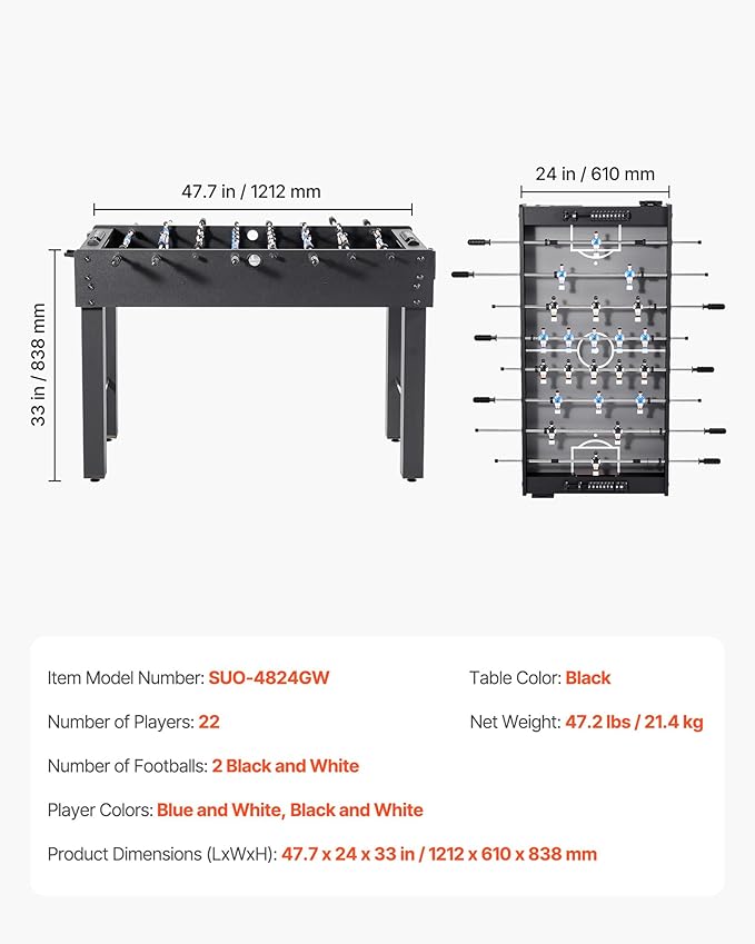 VEVOR Foosball Table 42/48/55 in Foosball Table Indoor Full Size Foosball Tables for Home, Family, and Game Room, Durable Soccer Set, Includes 2/4 Balls, Score Keeper, and 2 Cup Holders