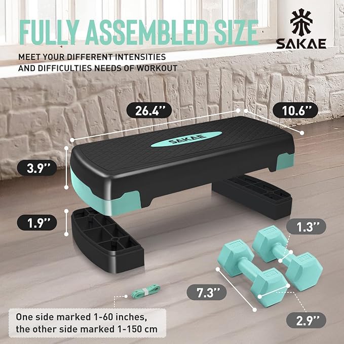 Adjustable Height Aerobic Stepper Set, Multiple Bundle Options with Dumbbells, Kettlebell, Waist Trimmer, Ankle Weights or Weighted Vest, Workout Exercise Step Platform w/Level Risers, 4 Colors