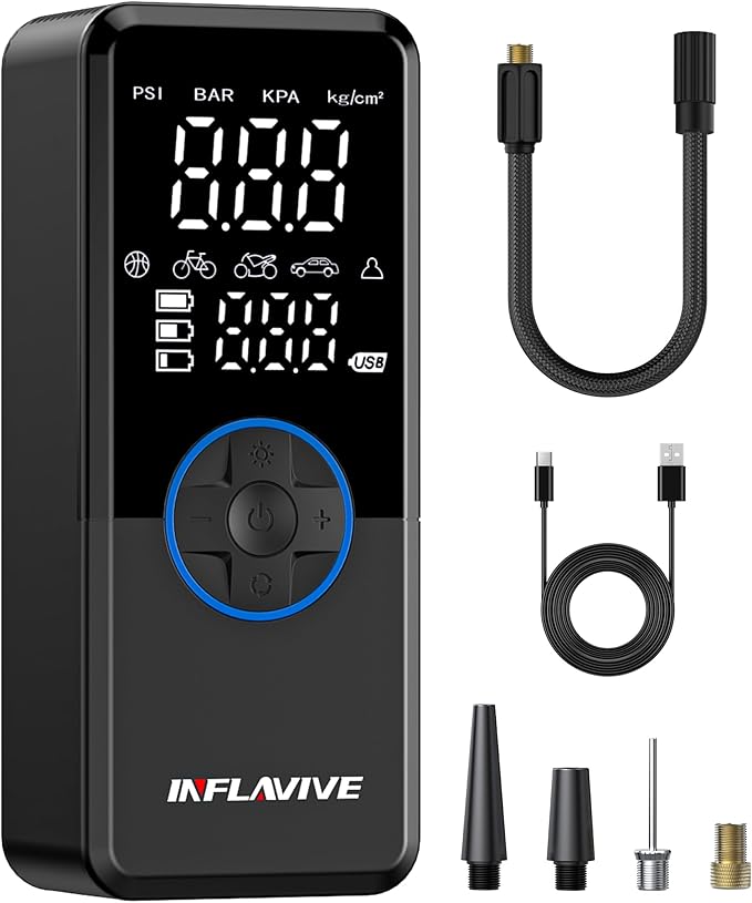 Tire Inflator Portable Air Compressor, Cordless Air Pump for Car Tires with Pressure Gauge, Battery & 12V DC Dual Power Bike Tire Pump, 150PSI Portable Tire Inflator for Car, Motorcycle, Bicycle, Ball