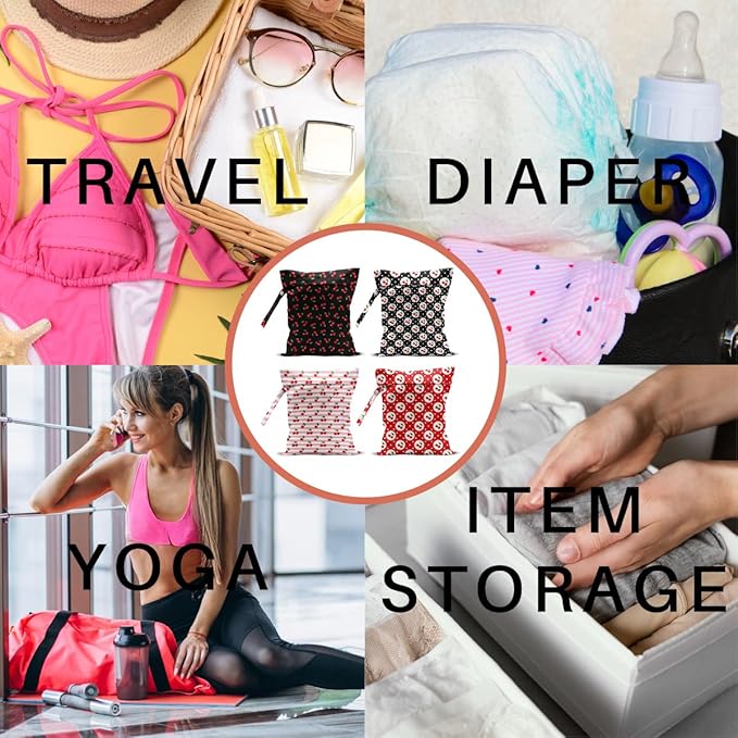 4 Pack Cute Line Circle Cherry Wet Bag Waterproof Washable Reusable Wet Dry Bag for Swimsuit Bathing Dirty Clothes Cloth Diaper Travel Beach Pool Yoga Gym Toiletries Travel Beach Essentials