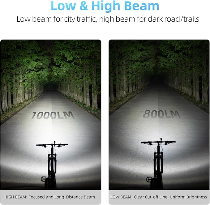 Hori 1000 Bike Lights for Night Riding, High and Low Beam, USB-C Rechargeable Bike Headlight, IPX6 Waterproof Bike Front Light for Road Mountain Bike-1000 lumens(Out-Front Mount)