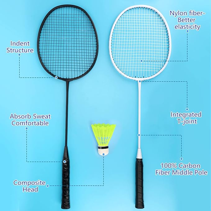 12 Pack Badminton Rackets Set Including Rackets, Nylon Shuttlecocks and Carry Bag for Outdoor Backyard Games Beginners