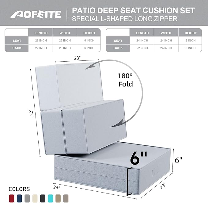 6 Inch Thick Foldable Deep Seat Cushion, 2 PCS 23 x 26 Inch Outdoor Water & Fade Resistant Olefin Patio Furniture Replacement Chair Cushion, with Removable Cover, Handle and Straps, Light Gray