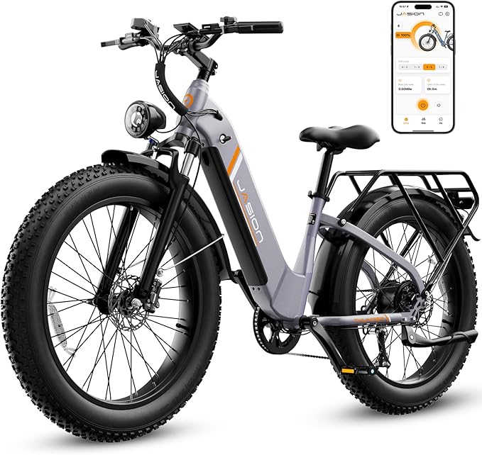 Jasion Thunder Electric Bike, 1500W Peak Motor, 30+MPH Max Speed & 80 Miles with 486Wh Removable Battery, APP Control Ebike for Adults, Hydraulic Brakes, Front Suspension, 26'' x 4'' Fat Tire Bicycles