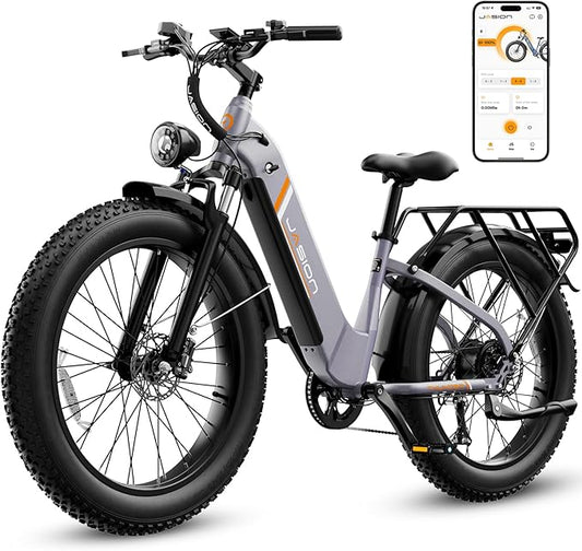Jasion Thunder Electric Bike, 1500W Peak Motor, 30+MPH Max Speed & 80 Miles with 486Wh Removable Battery, APP Control Ebike for Adults, Hydraulic Brakes, Front Suspension, 26'' x 4'' Fat Tire Bicycles