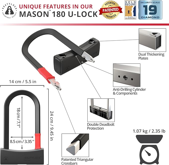 Seatylock Mason Bike U Lock - Patented Heavy Duty Anti Theft Diamond Secure ULock - Ultra Security Bicycle Safety Tool with Keys for City Electric or Mountain Bikes and Scooters