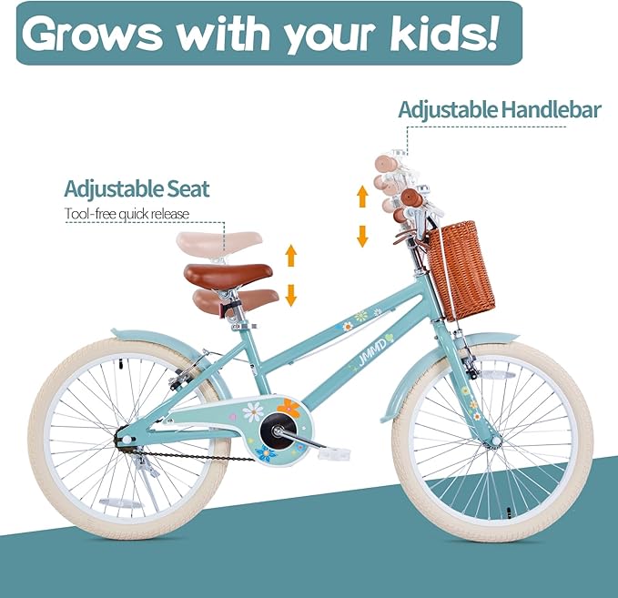 JMMD Girls Bike for 4-12 Years Old Kids, 12 14 16 18 20 24 Kids Bike with Training Wheels, Basket and Doll Seat, Toddler Girls Bicycles with Handbrake & Kickstand, Multiple Colors