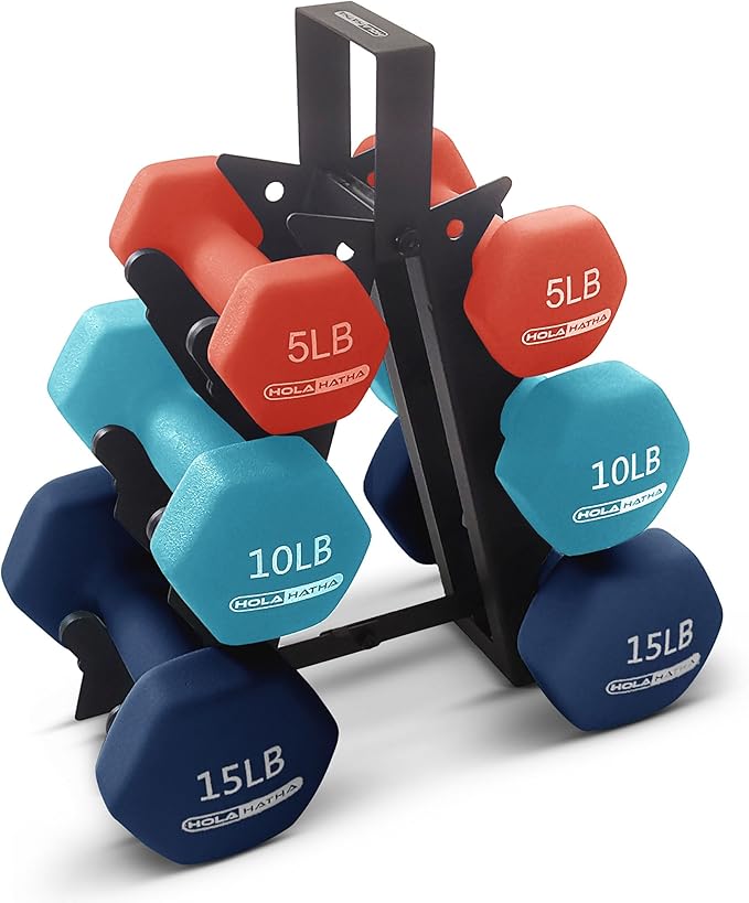 HolaHatha 2, 3, 5, 8, and 10 Pound Neoprene Dumbbell Free Hand Weight Set with Rack, Ideal for Home Exercises to Gain Tone and Definition, Pastel