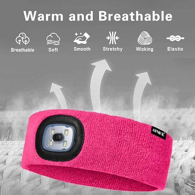 ATNKE 4 LED Lighted Sport Sweatband,USB Rechargeable Running Head Band Lamp High Stretch Wicking Gifts for Men and Women