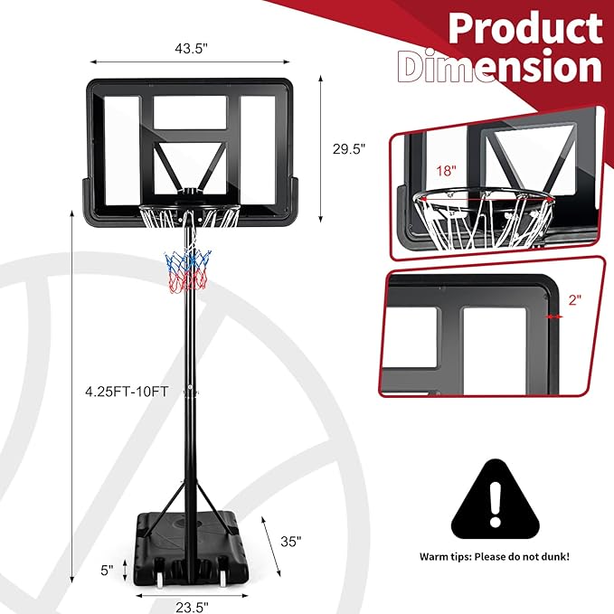Giantex Portable Basketball Hoop Outdoor, 4.25-10ft Height Adjustable Basketball Goal System w/ 43.5" Shatterproof Backboard, Fillable Base, Indoor Basketball Hoop for Kids/Adults/Backyard/Driveway