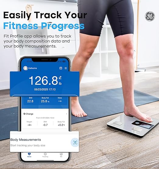 GE Smart Scale for Body Weight BMI Fat Muscle Mass with All-in-one LCD Display, Digital Bathroom Weight Scale Bluetooth Body Composition Monitor with App, Accurate Weighing 400lb White