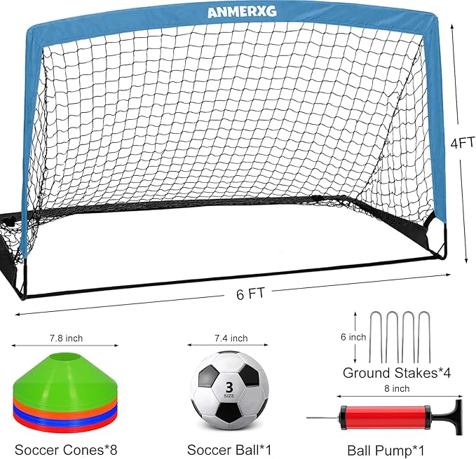 6x4FT Kids Soccer Goal for Backyard Set Portable Soccer Goal with Ball Pump and Cones Soccer Net Set of 2 Training Equipment Outdoor Sports Gift