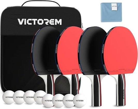 VICTOREM Table Tennis Paddles Set of 4 - Professional Ping Pong Paddles Set with Rubber & Ergonomic Handle for Enhanced Control & Spin - Speed & Control for Ultimate Performance with 8 Balls Included