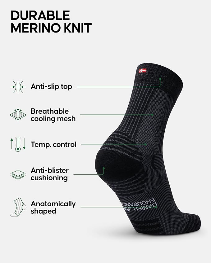 DANISH ENDURANCE Light Hiking Socks, Merino Wool Socks, Anti Blister, Sweat Wicking, Breathable, Men & Women, 3 or 5-Pack