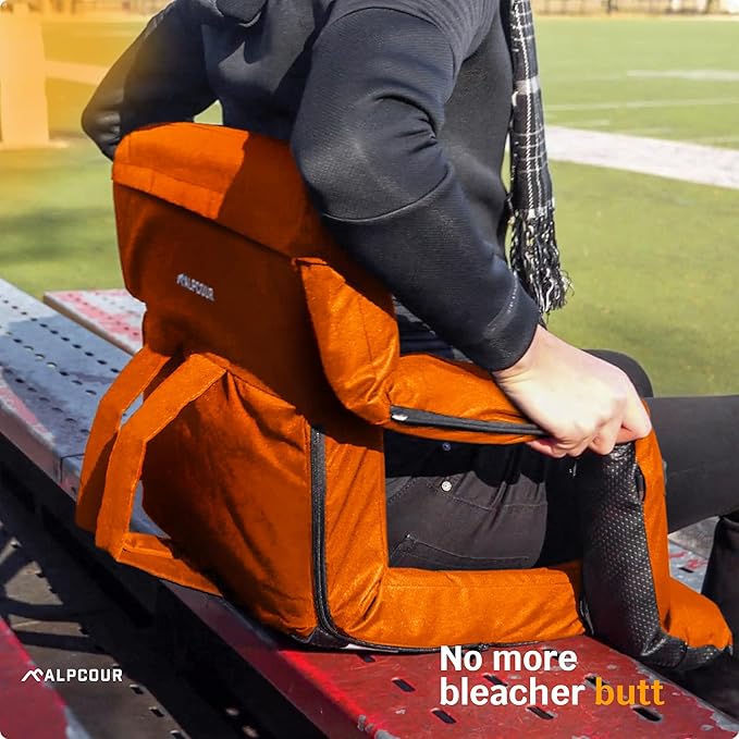 Alpcour Reclining Stadium Seat – Wide Bleacher Chair with Back Support and Cushion, Armrests, Side Pockets, and Bleachers Hook – Best Stadium Seats Chairs for Camping, Kayak, & Paddle Board Backs