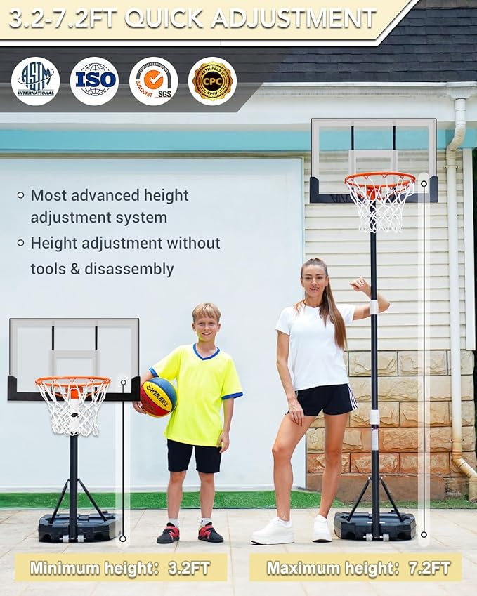 WIN.MAX Basketball Hoop Outdoor with Shatterproof Backboard and Larger Base, Portable Basketball Hoop Goal System Youth/Adults in Backyard/Driveway/Poolside
