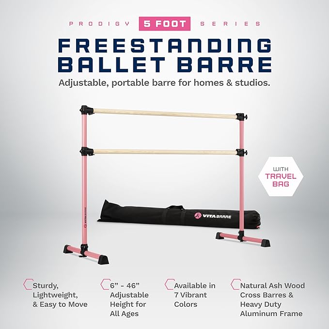 VITA Barre Portable Freestanding Double Ballet Barre, Prodigy, with Carry Bag | Adjustable Height, USA Made, Home or Gym Exercise Equipment for Kids & Adults | Dance, Fitness, Pilates