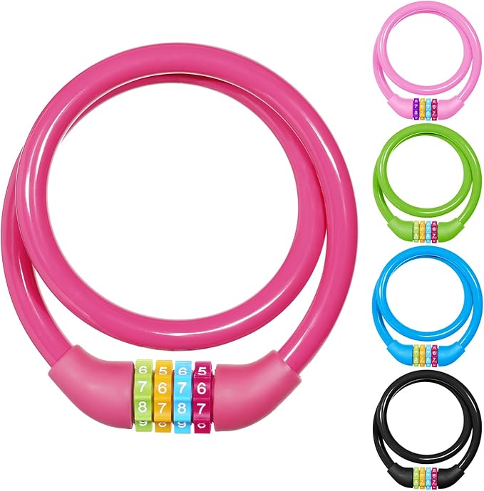 25 Inch Bike Lock Cable, Portable Anti Theft 4 Digits Codes Cable Locks, Resettable Combinations Coiling Bicycle Lock for Bike, Motorbike, Scooter, Skateboard, Gate, Fence (Pink)