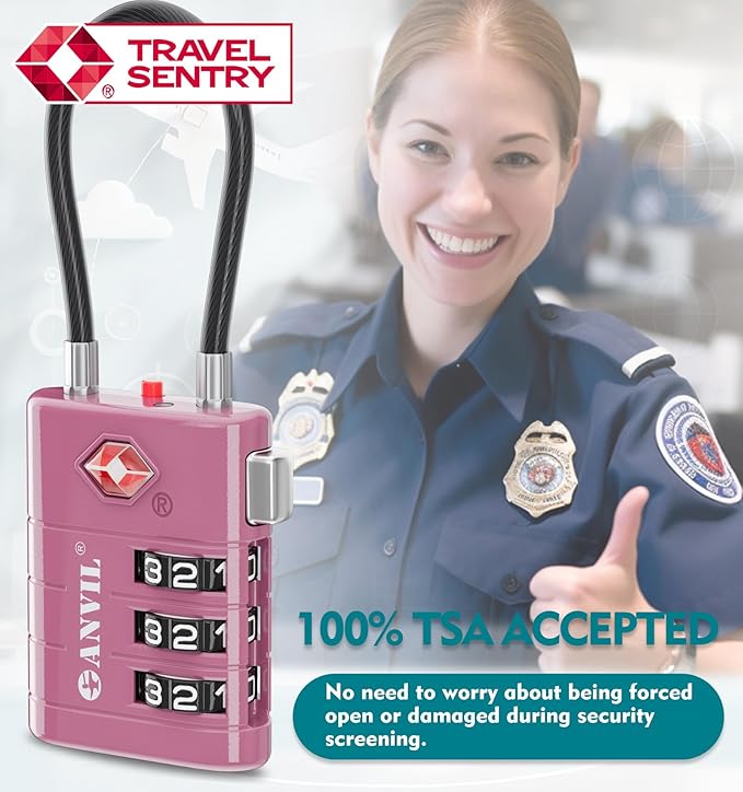 ANVIL TSA Approved Luggage Locks – High Security TSA008 Combination Travel Locks with Inspection Indicator for Suitcases and Backpacks. (4, Rose Purple)