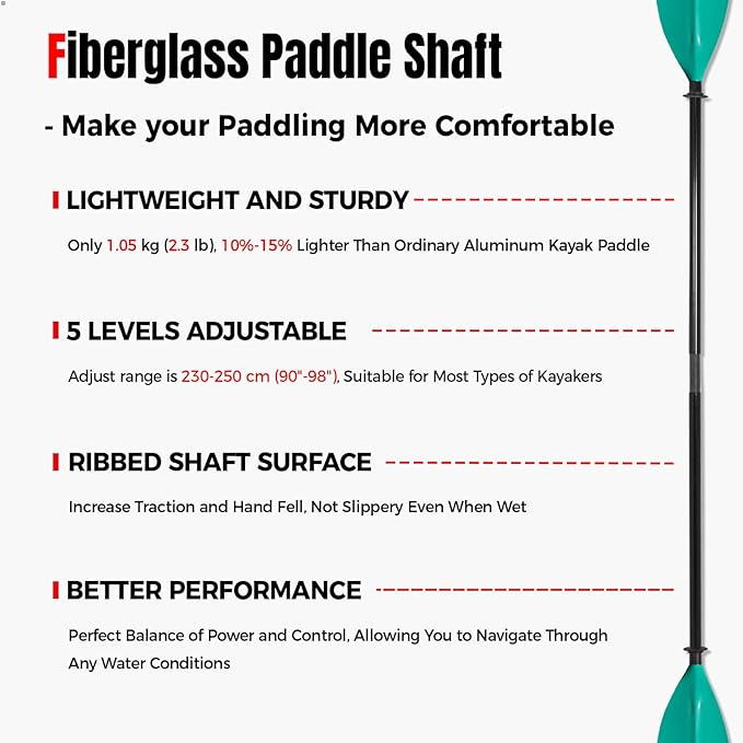 Kayak Paddle with Fiberglass Shaft and Reinforced Nylon Blade, Adjustable Kayaking Oars, 3 Piece, 230-250 cm/90-98 inches, 210-230 cm/82-90 inches