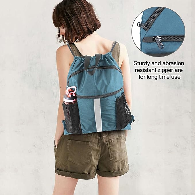 BeeGreen Drawstring Backpack Bag with Shoe Compartment, X-Large Black Gym Sports String Cinch Backpack