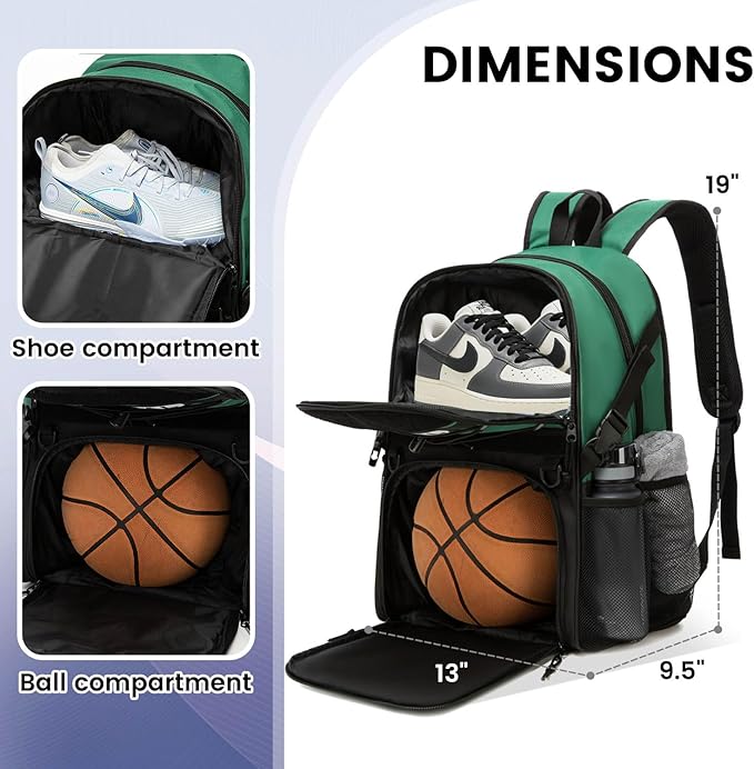 Basketball Bag Backpack with Ball Holder and Shoes Compartment,Best for Basketball, Soccer, Volleyball, Gym. (GREEN)