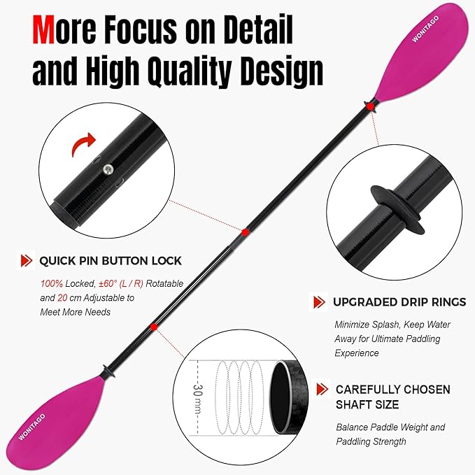 Kayak Paddle with Fiberglass Shaft and Reinforced Nylon Blade, Adjustable Kayaking Oars, 3 Piece, 230-250 cm/90-98 inches, 210-230 cm/82-90 inches