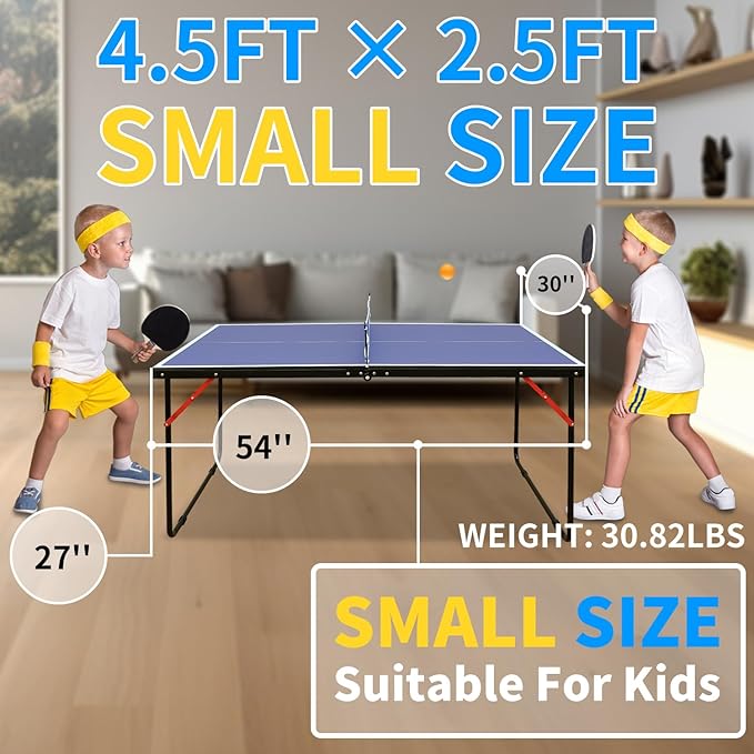Ping Pong Table Foldable Table Tennis Table with Net, Table Tennis Paddles and Balls, 4.5FT/6FT/9FT MDF Multi-Use Family Game Table for Kid Teenager Adult, Compact & Portable