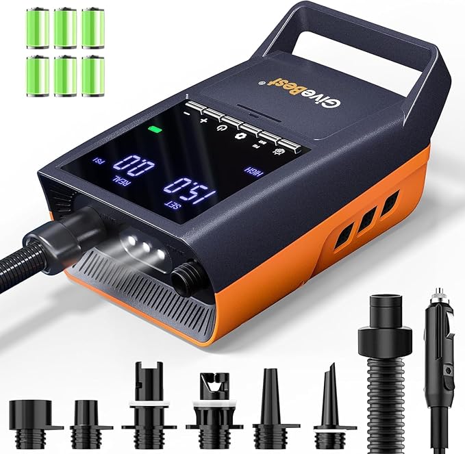 GiveBest Rechargeable Paddle Board Pump, 20 PSI High Pressure and 30% Faster Dual Stage SUP Air Pump with Auto-Off, 3x4500MAH, Inflation and Deflation Function for Paddle Boards, Boats, Kayak and Tent