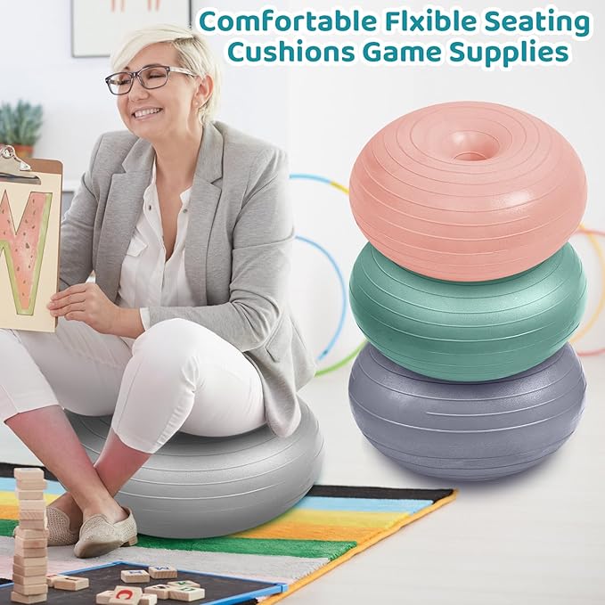 Lewtemi 8 Pcs Flexible Seating for Classroom Elementary 20'' Yoga Ball Chair Large Inflatable Donut Exercise Ball Chair Wobble Seat with Inflator for Kids Student Balance