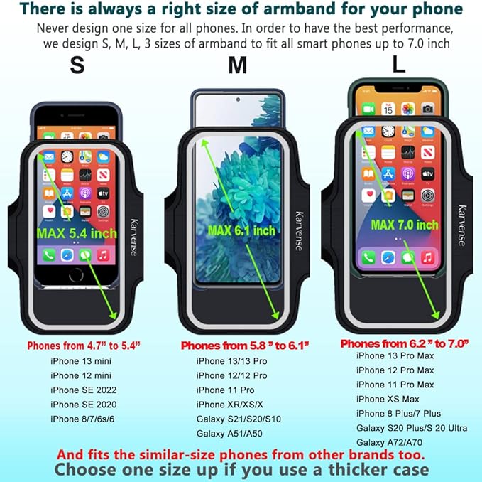 Phone Holder for Running, Karvense Phone Arm Bands for Running Exercise Workout Jogging, for iPhone 13 mini/12 mini/11 Pro/SE/XS/8/7, Samsung Galaxy, Moto, Cell Phones up to 5.4'', Sweat-Proof Armband