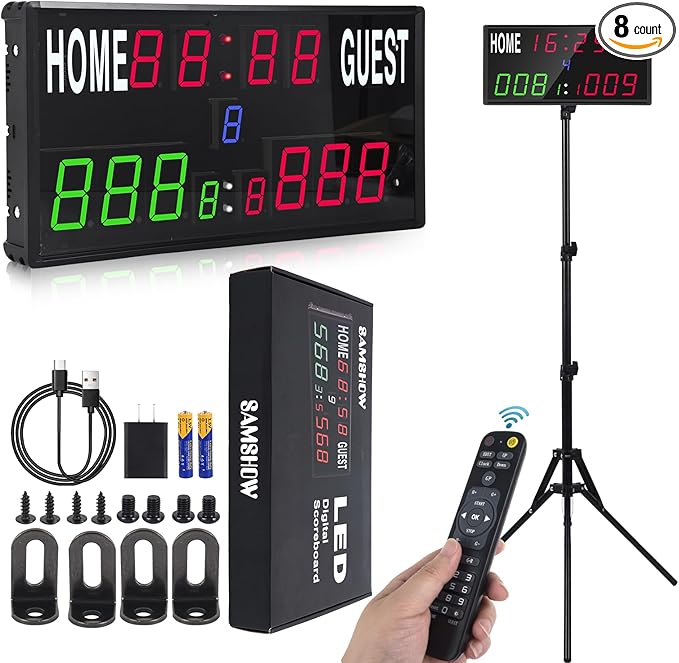 Samshow 2025 LED Electronic Scoreboard Digital Score Keeper with Remote & Tripod, Basketball Scoreboard with Shot Clock & Timer & 12/24h Real Time for Outdoor Yard Games/Corn Hole/ping Pong/Pickleball