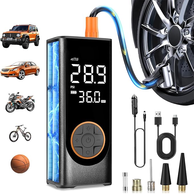 Tire Inflator Portable Air Compressor, 150PSI Cordless Air Pump for Car Tires, 4X Faster 12V DC Tire Pump with Tire Pressure Gauge, LED Light for Cars, Motorcycles, Bikes, Balls (Black)