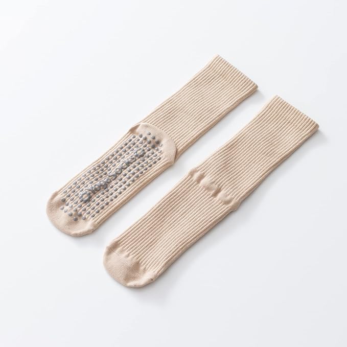 Yoga Pilates Socks with Grips for Women Non Slip Solid Colored Cushioned Crew Compression Socks for Barre Ballet Dance